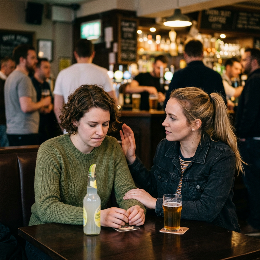 Two women sitting at a table in a pub, one comforting the other