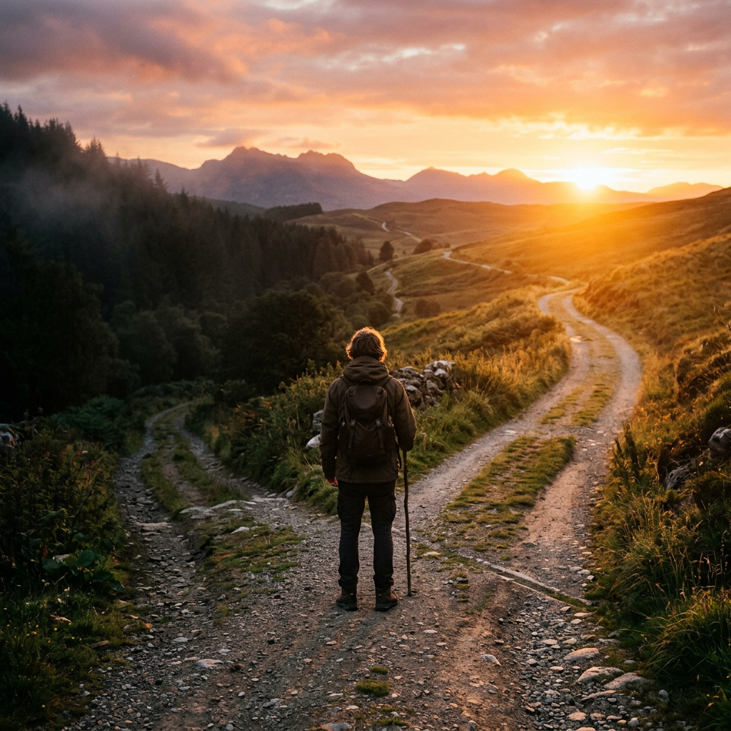 Person standing at a fork in a dirt path with hiking gear at sunset