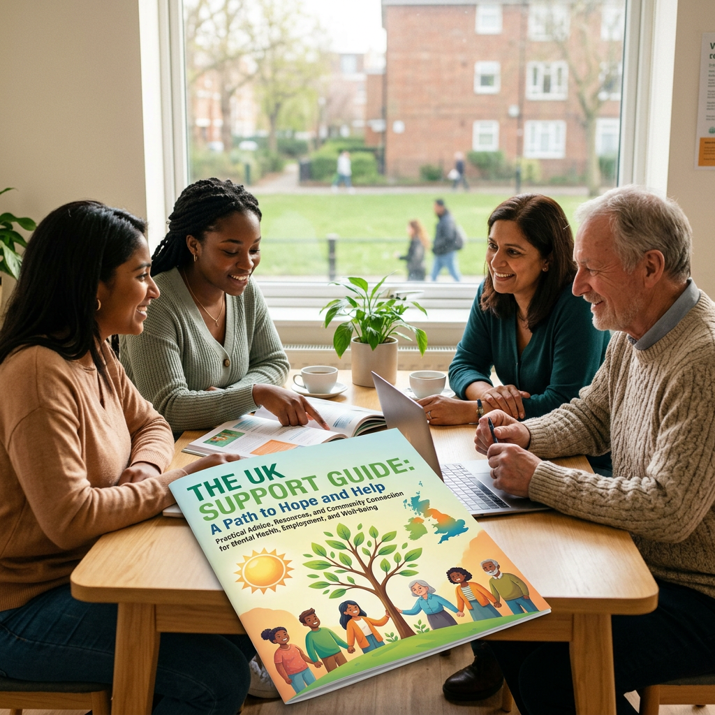 Four people around a table reviewing a UK support guide for mental health and well-being