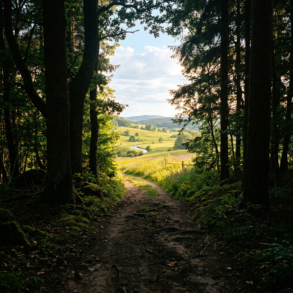 Path from dark forest to sunlit landscape