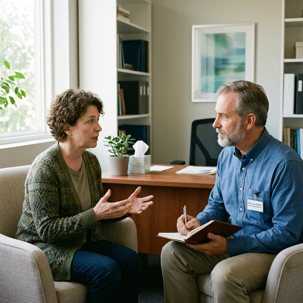 Person speaking with addictions clinician in consultation Dual diagnosis and addiction