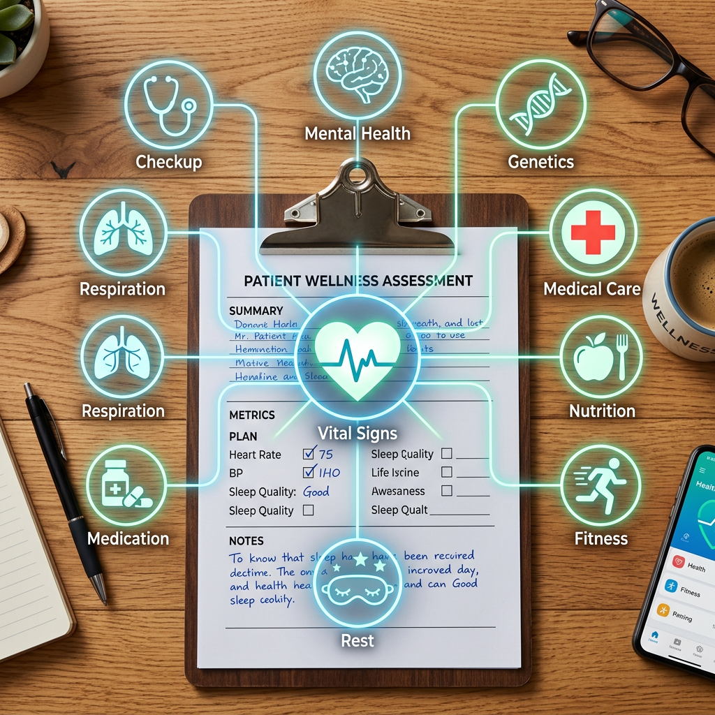 Top-down desk with clipboard and interconnected health icons What to ask addiction clinicians