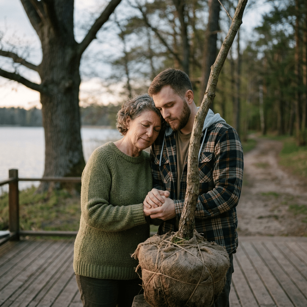 Middle-aged woman and young man holding hands next to a tree sapling with roots wrapped in burlap