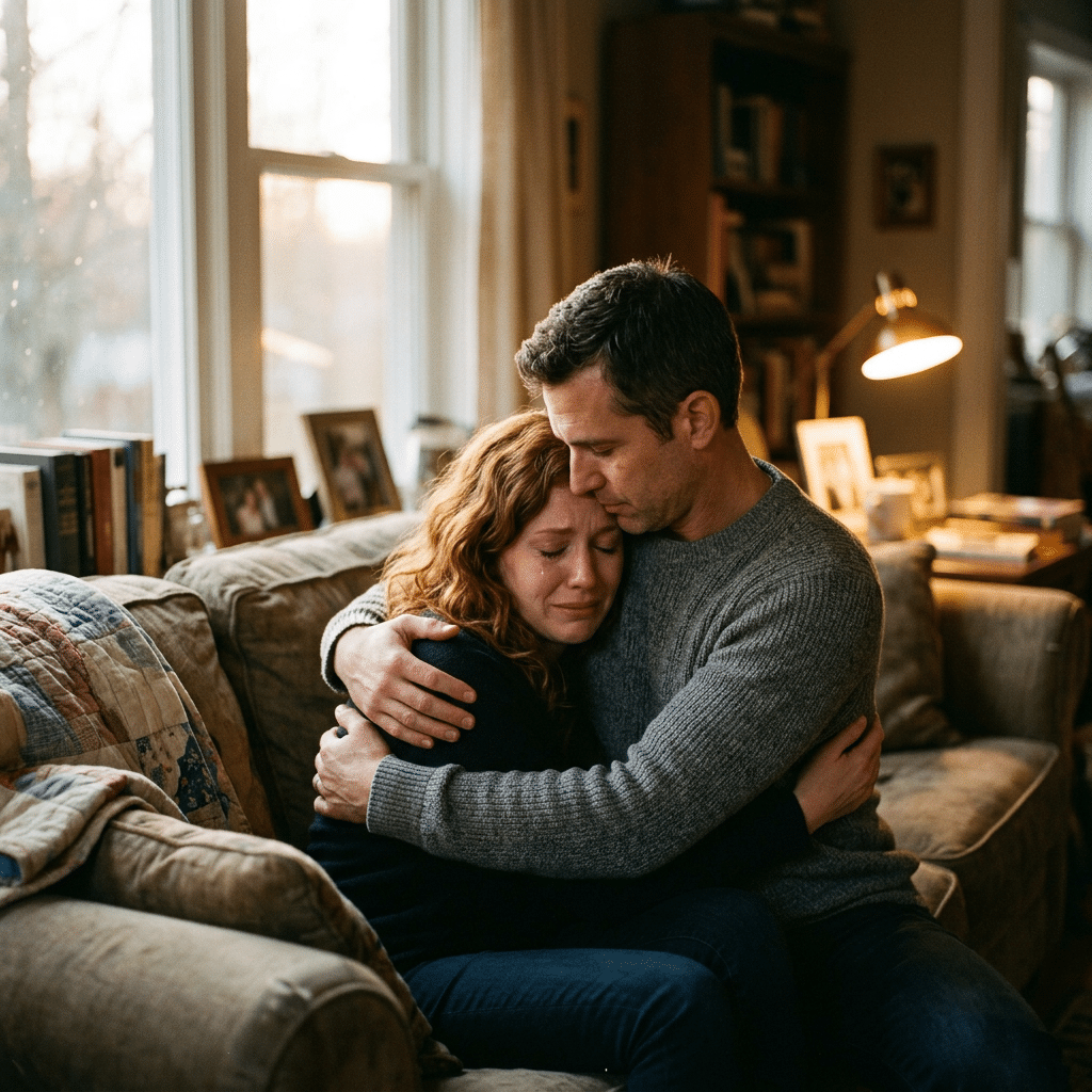 Man comforting a crying woman with an embrace on a couch in a living room