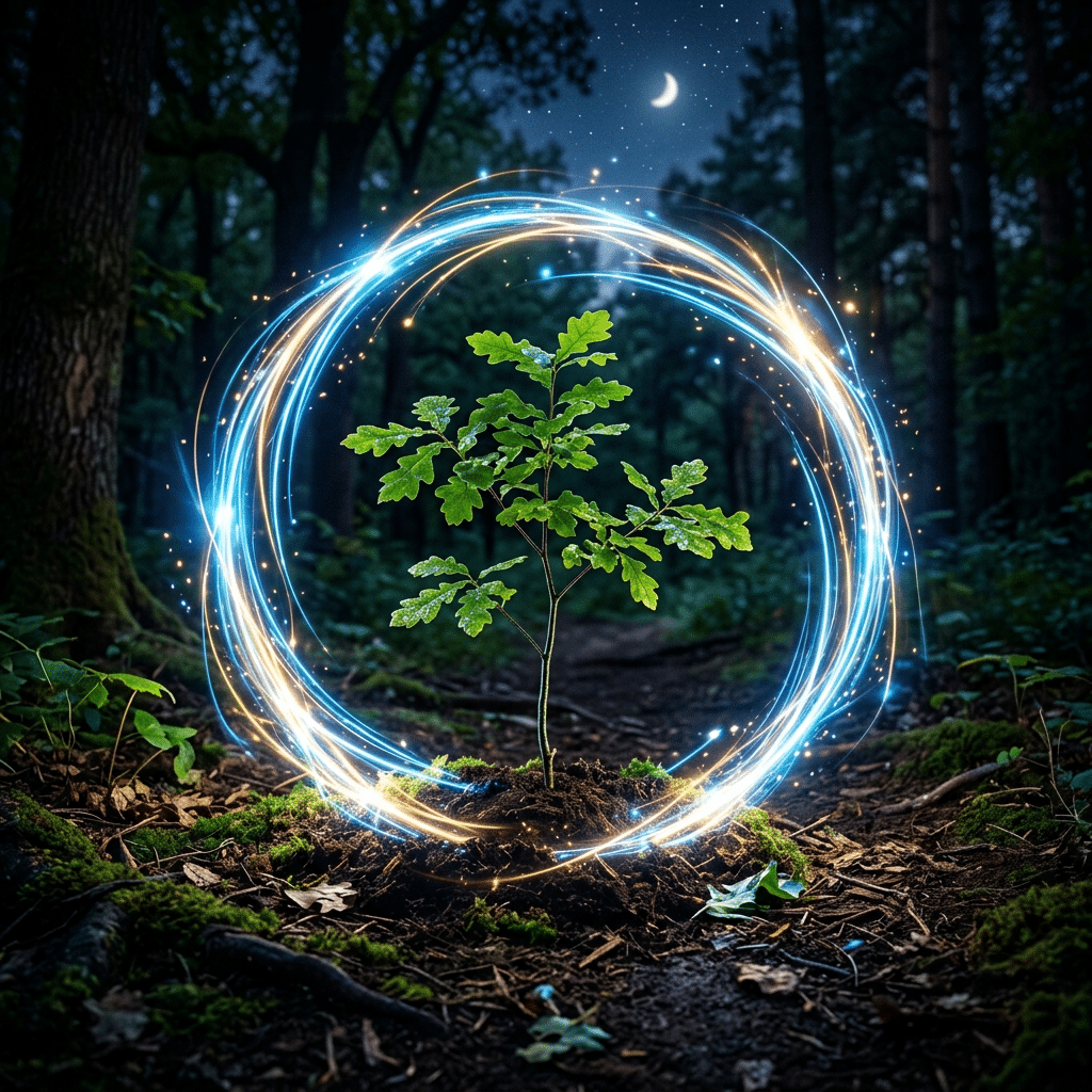Young oak seedling surrounded by glowing blue and golden energy ring in forest at night.
