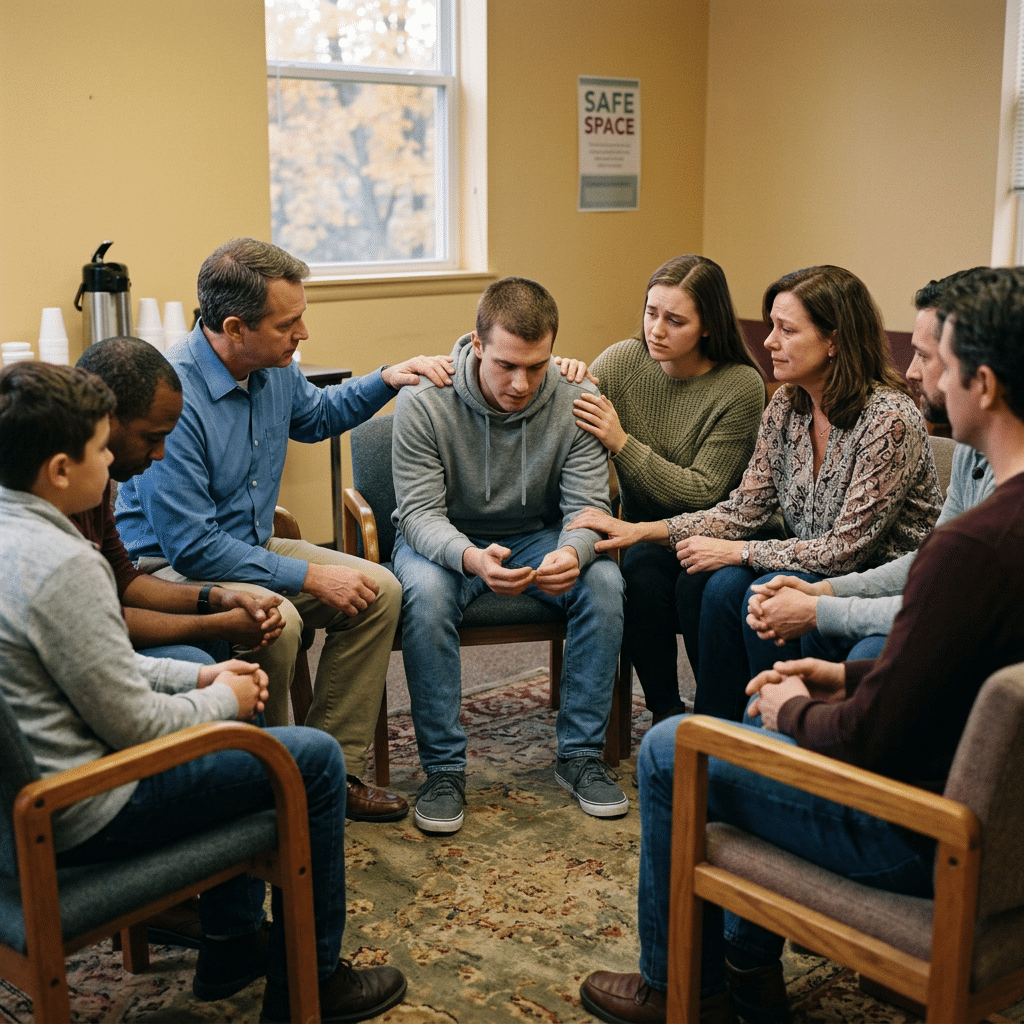 A young man looking down while others in a support group console him with comforting gestures