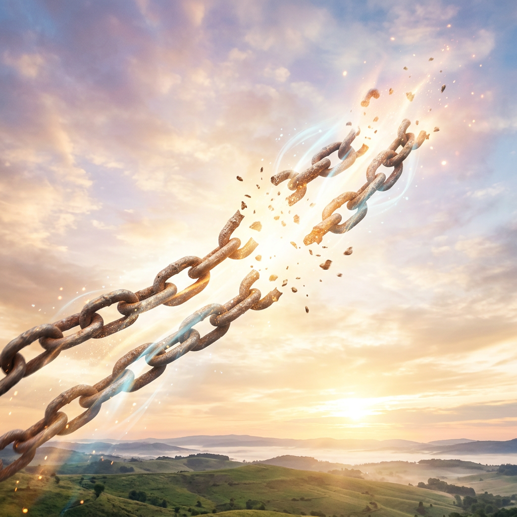 Rusty metal chain breaking in half with glowing fragments and a sunrise landscape background