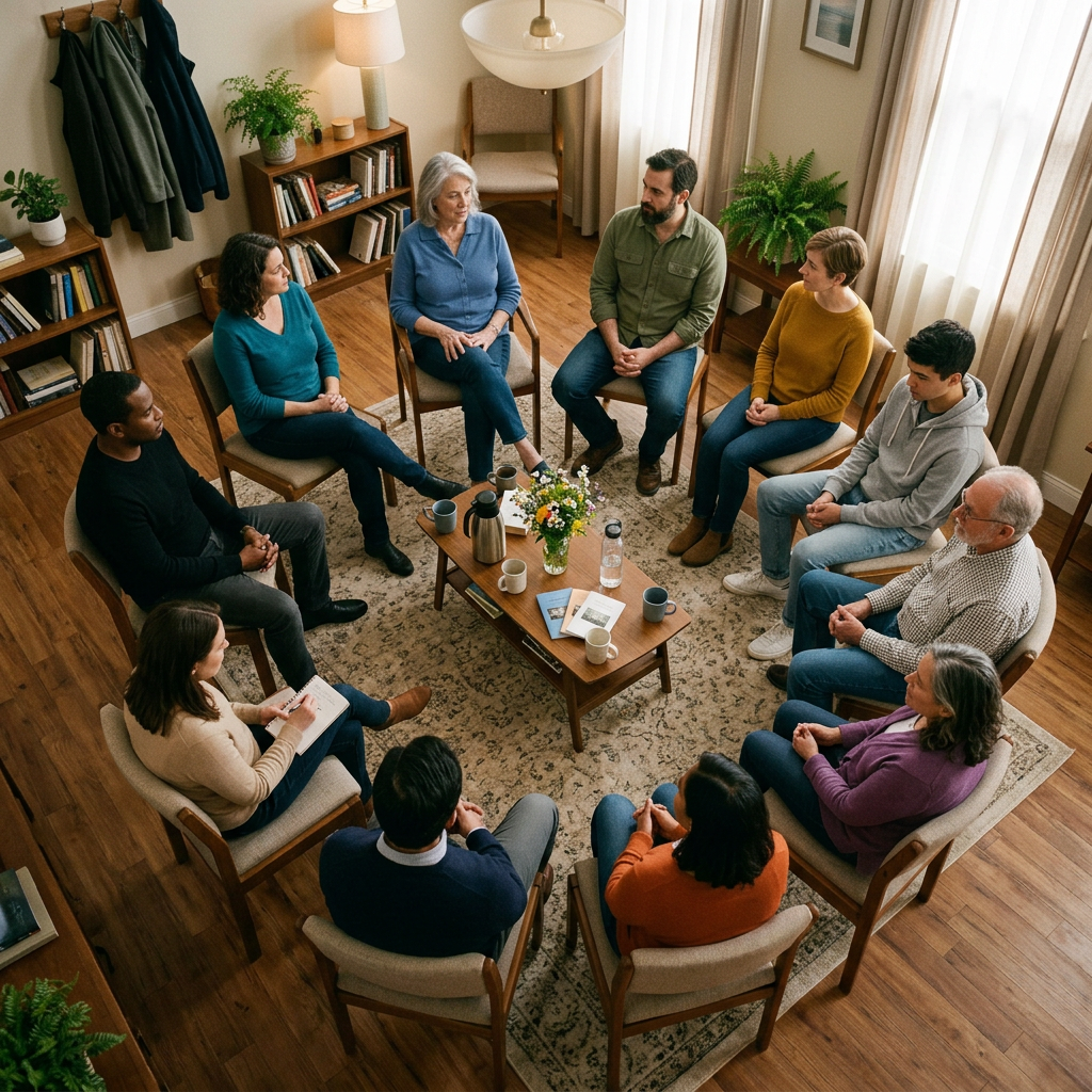 Diverse group of people sitting in a circle during a group therapy session