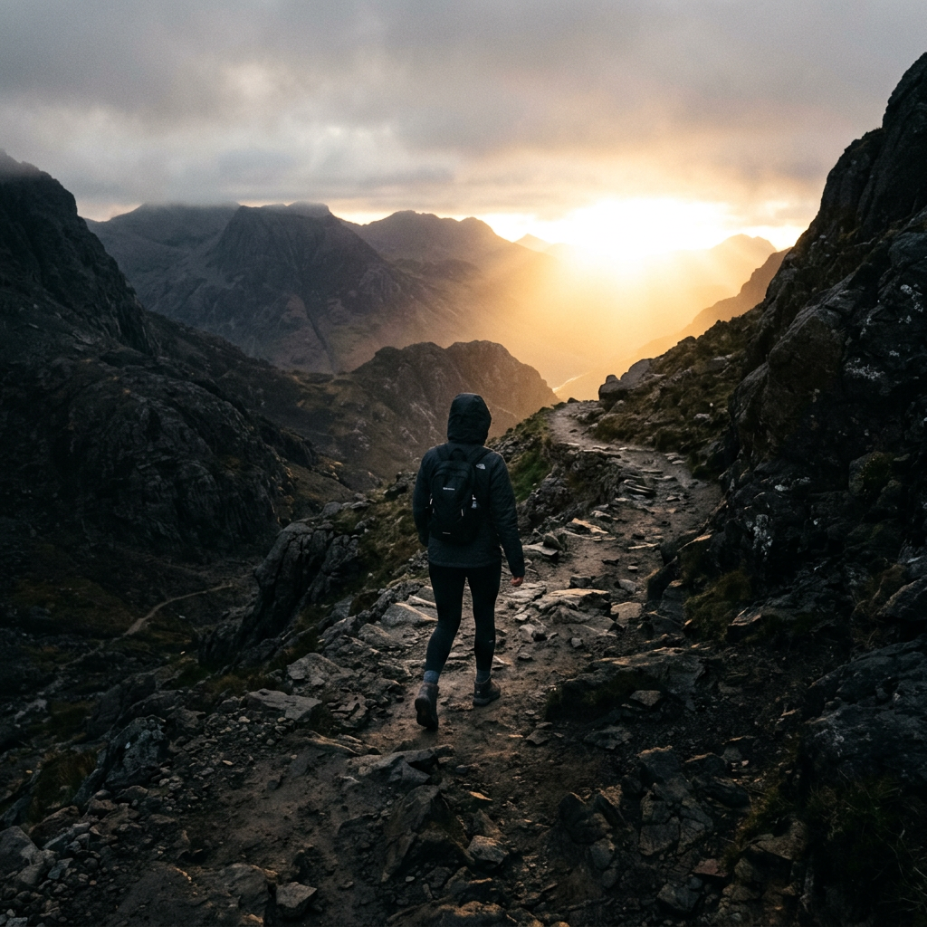 A person hiking on a rocky mountain trail during sunrise with mountains in the background