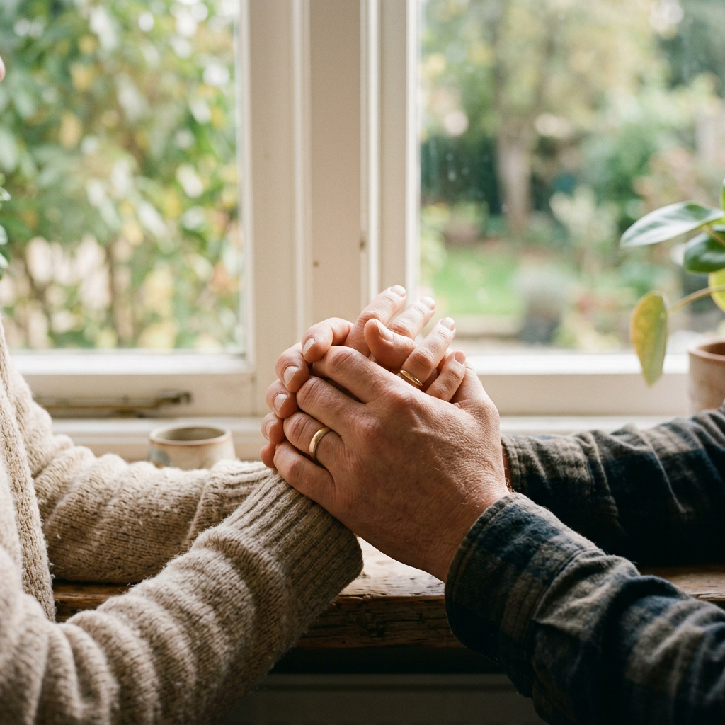 Two hands clasped together on a wooden table near a window with greenery outside