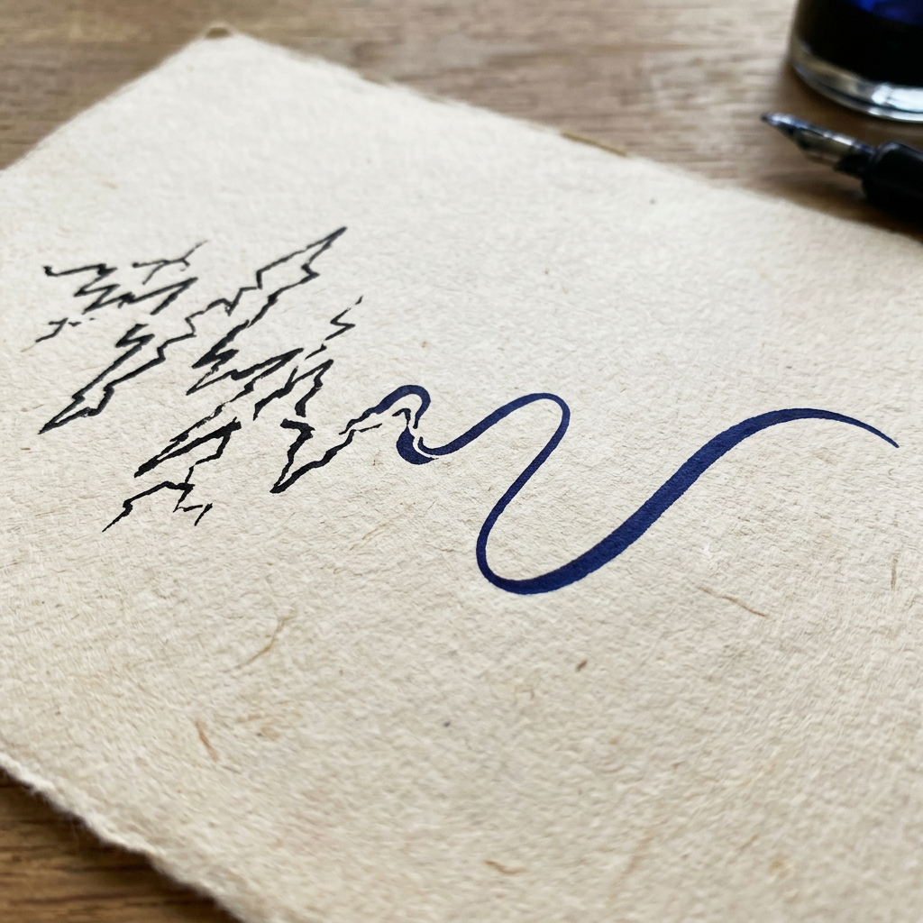 Sheet of textured paper with black jagged and blue flowing ink strokes