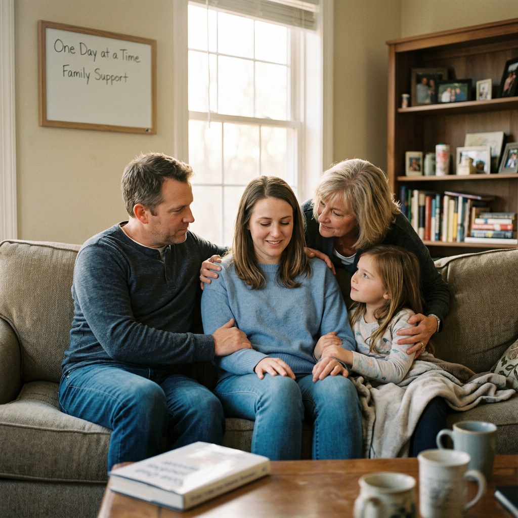 Four people sitting on a couch showing support to a woman in blue sweater