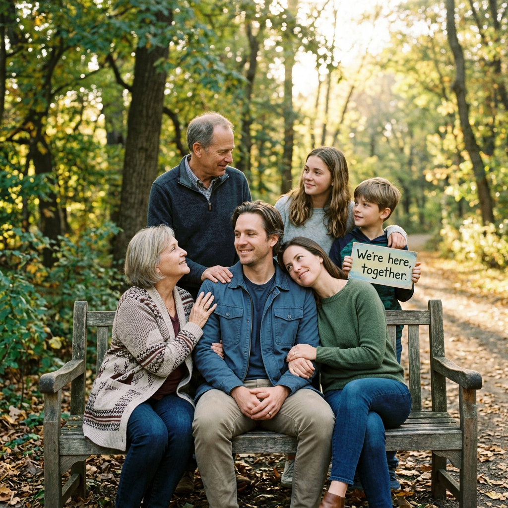 Six family members sitting and standing on a bench in forest holding a sign that says we're here together