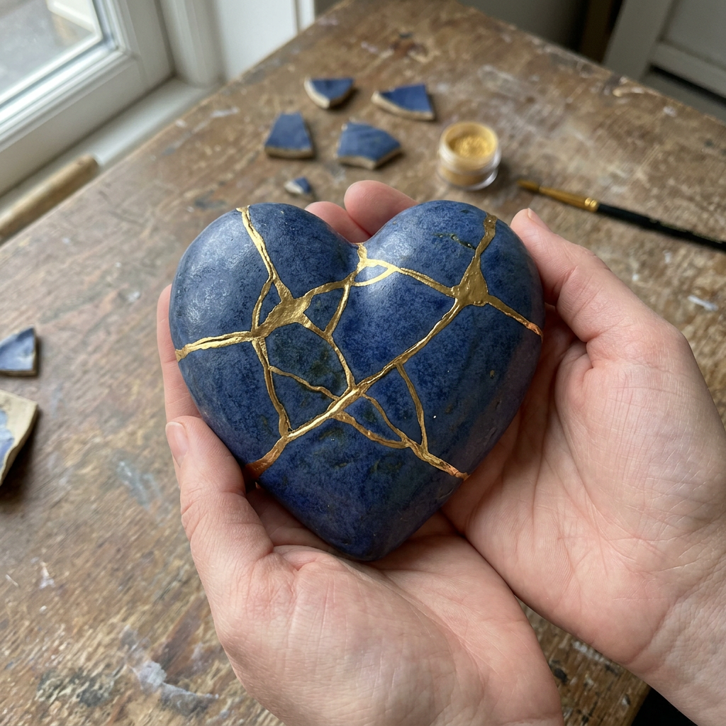 Blue ceramic heart with gold kintsugi repair held in hands