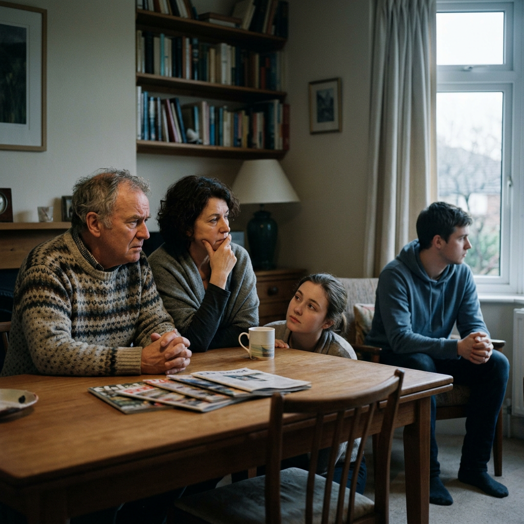 Four family members sitting apart in a living room with serious expressions Recognising the signs of addiction