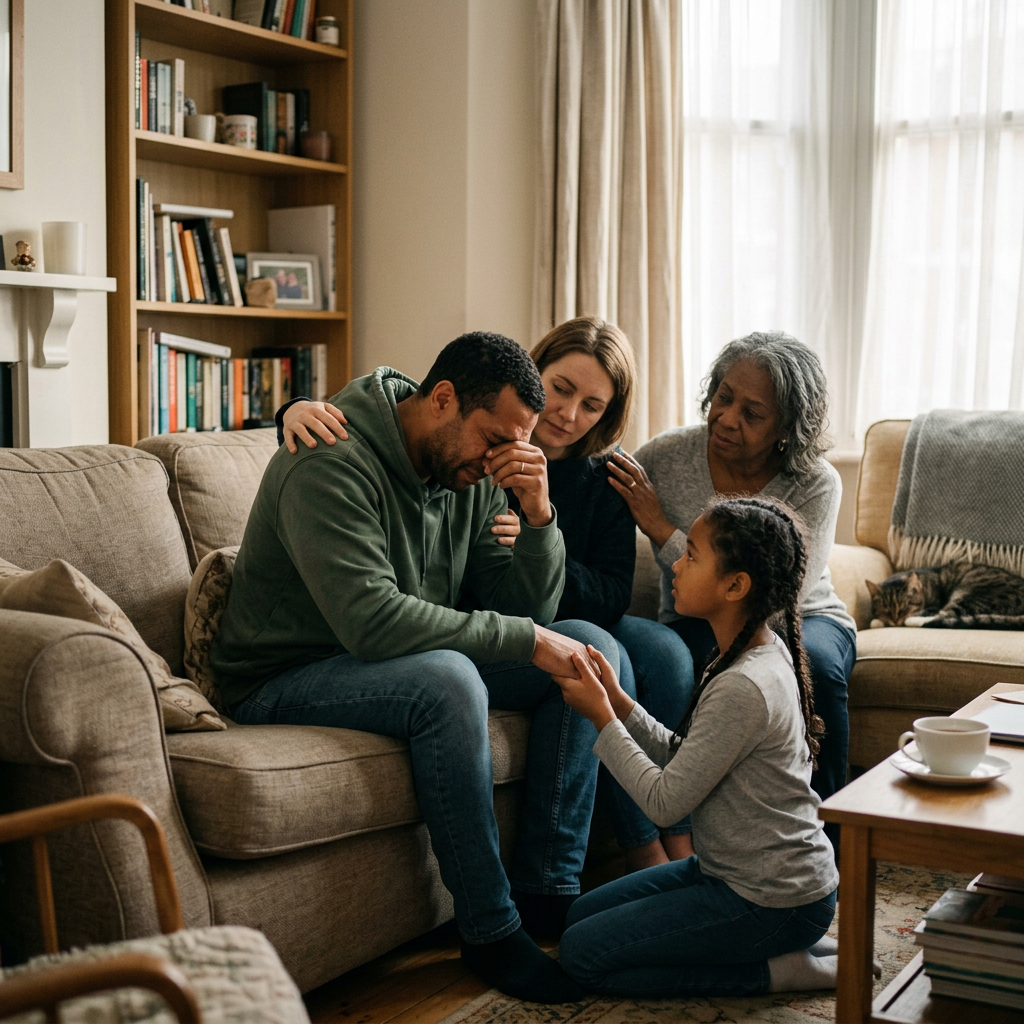 Man sitting on couch crying while family members comfort him
