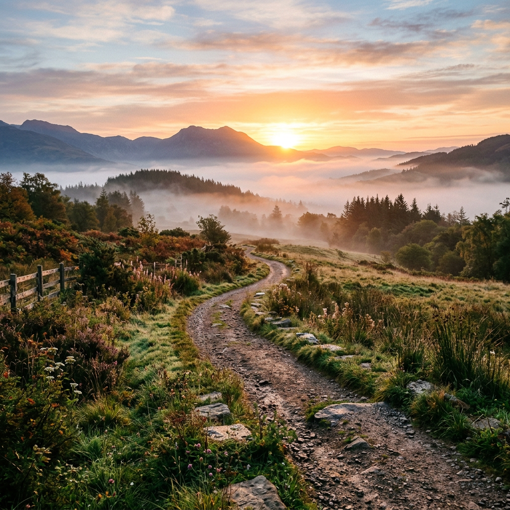 Dirt path winding through grassy landscape with mist and mountains at sunrise