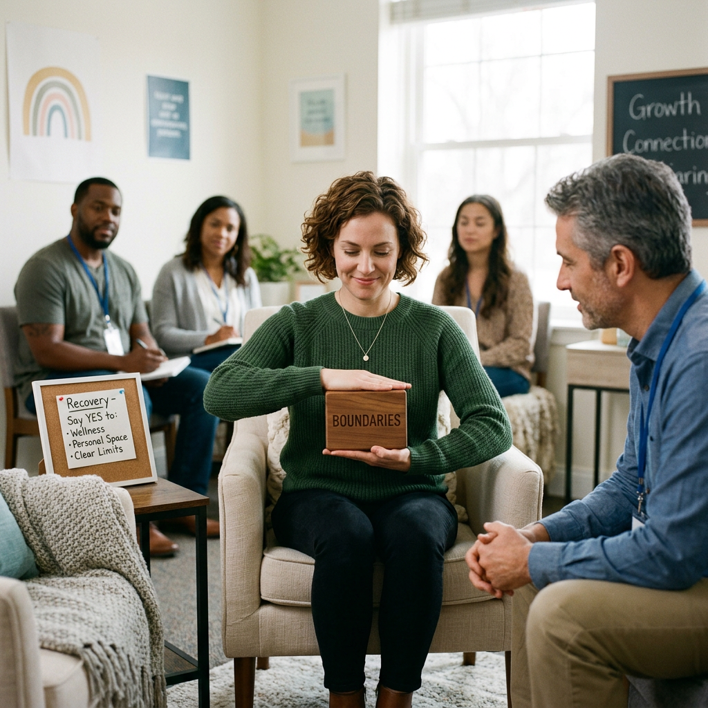 Woman holding a wooden block labeled Boundaries in a therapy group meeting