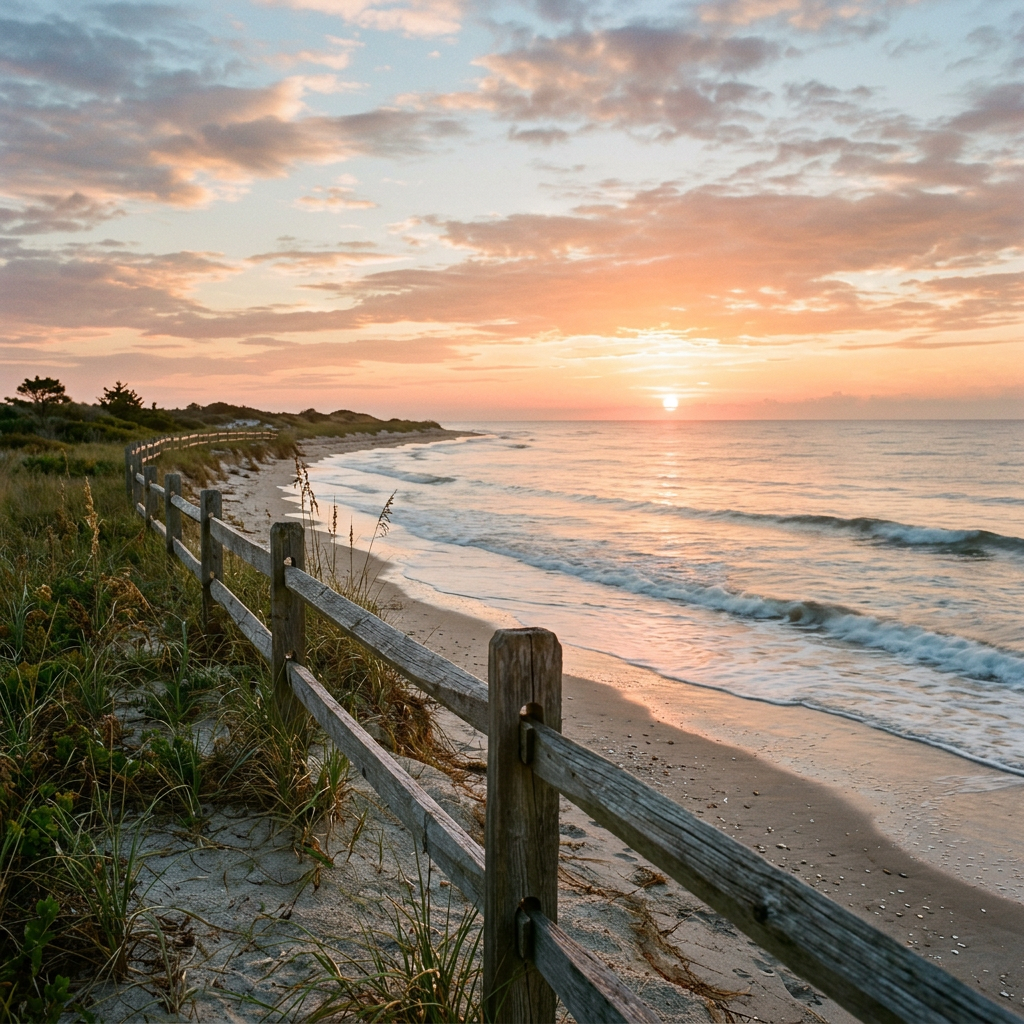 Wooden fence along sandy beach with ocean waves at sunrise