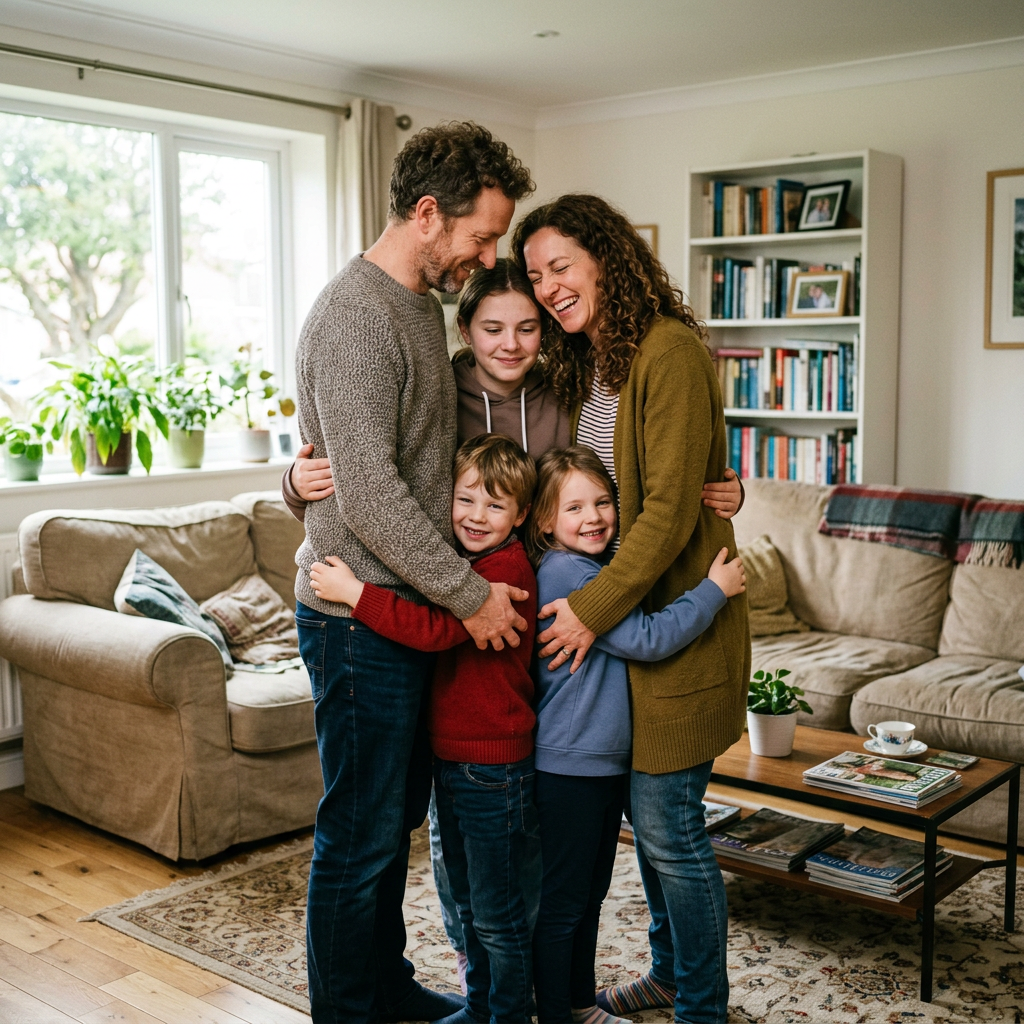 Five family members hugging and smiling together in a living room