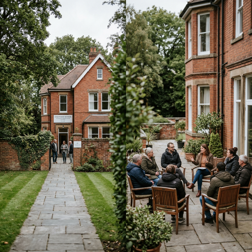 Seven people seated in a circle outdoors beside a brick building for group therapy session Rehab Centre Birmingham