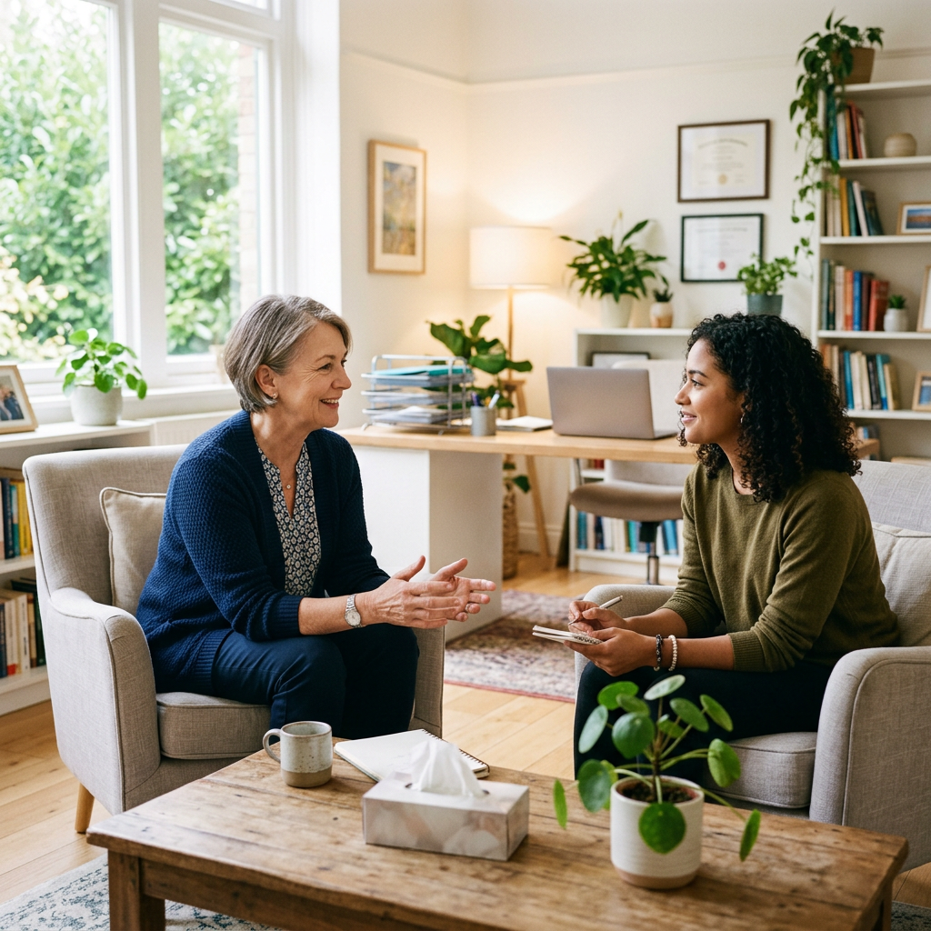 A therapist and client sitting in comfortable chairs talking in a cozy, well-lit office Mental health support in addiction 