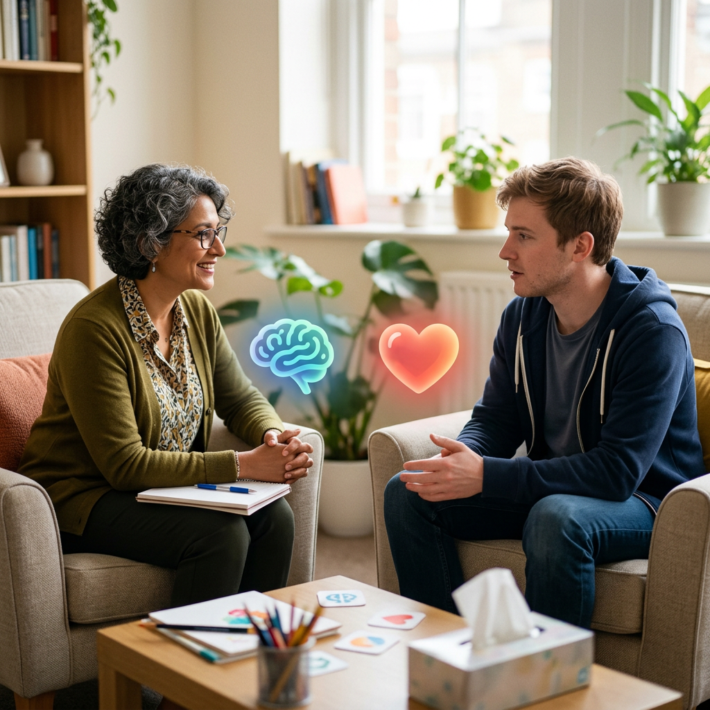 Therapist and young man talking in a counseling session with brain and heart icons Addiction Therapy and Counselling