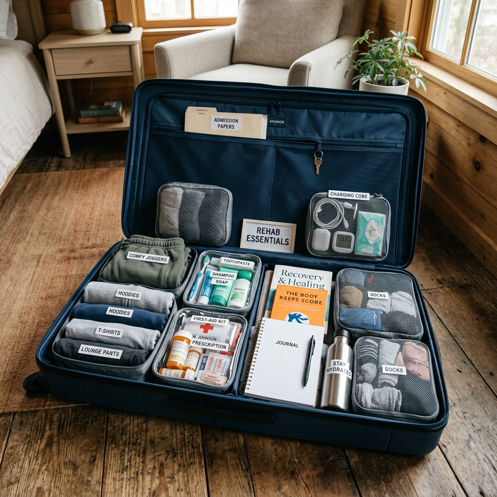 Open suitcase neatly packed with rehab essentials