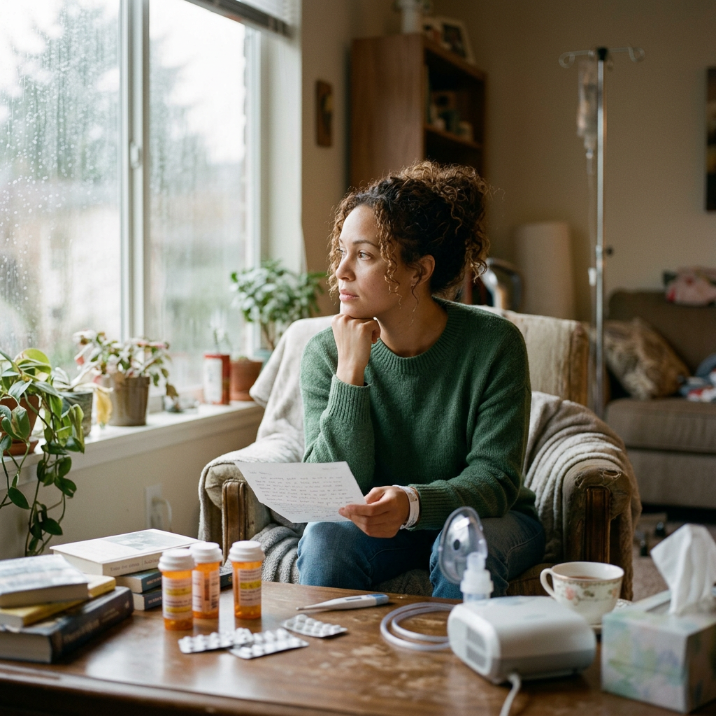 Woman sitting with medication and a nebulizer, holding a letter and looking out a window