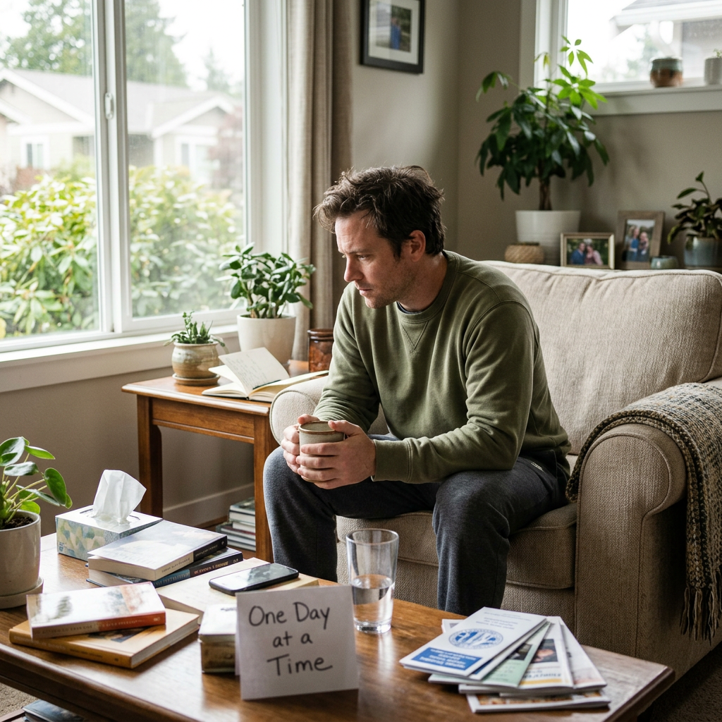 Man sitting on couch holding mug with 'One Day at a Time' note on table Mental health support in addiction 