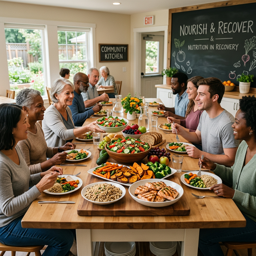 Group of people sharing a nutritious meal together at a community kitchen