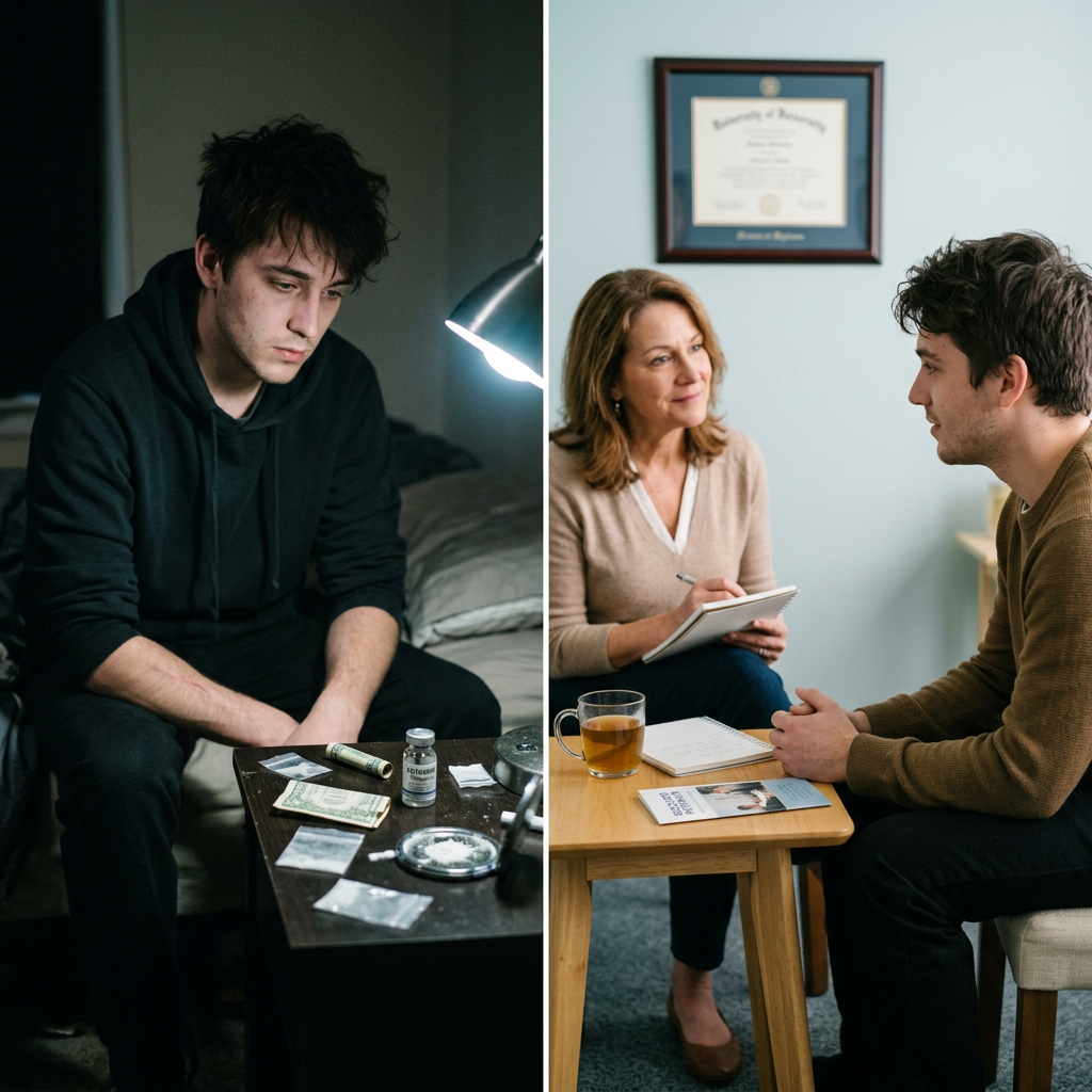Young man with drug paraphernalia and in therapy session with counselor