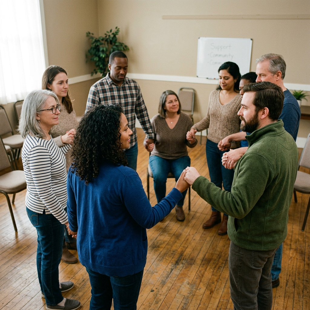 Eight people standing and one seated hold hands in a circle in a therapy session room