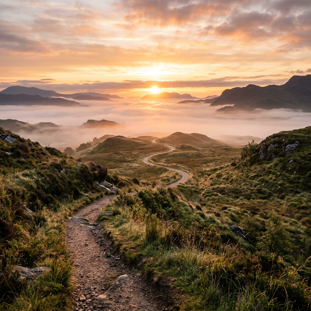 Winding dirt path through grassy hills with sun rising above mist-covered mountains