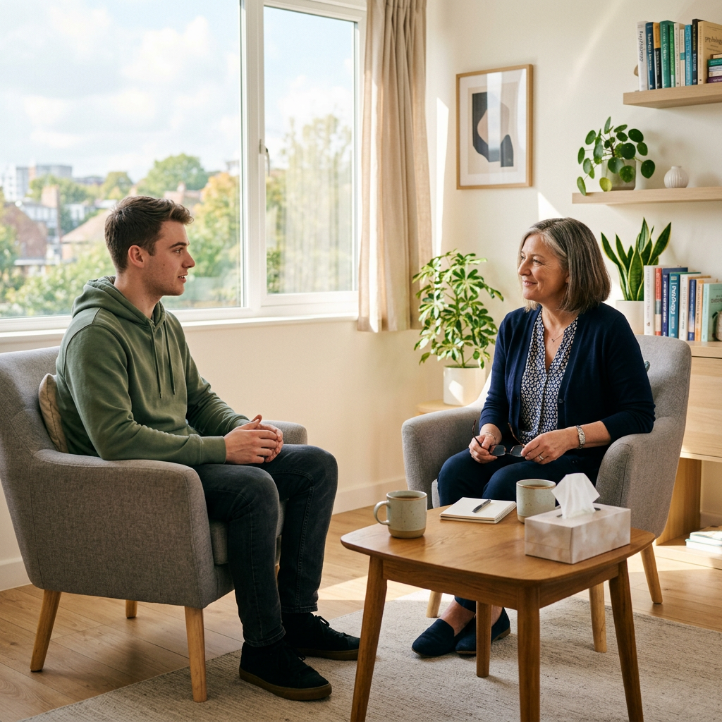 Young man and therapist conversing in a bright, comfortable therapy room