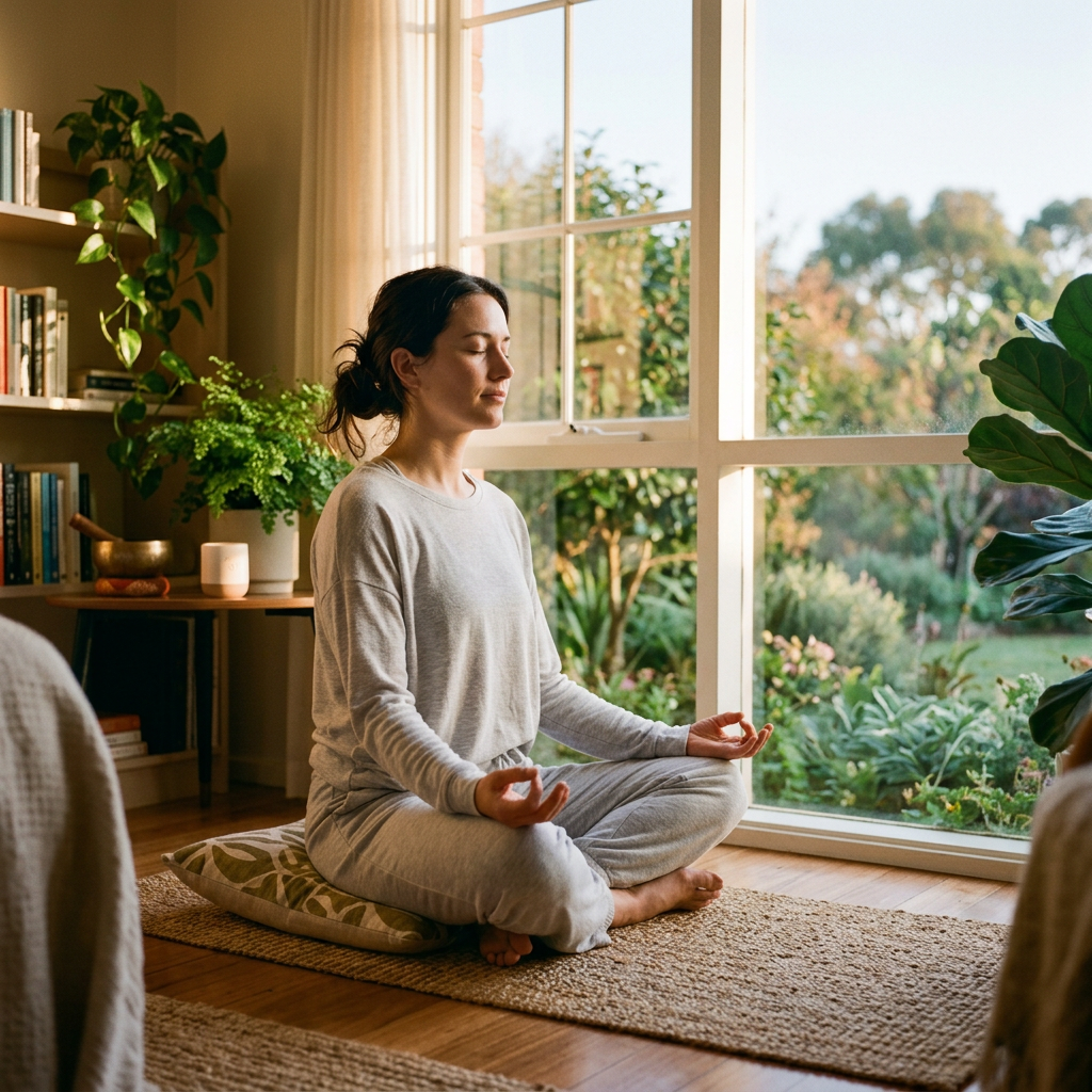 Woman sitting cross-legged on a cushion meditating near a large window with greenery outside going overseas for rehab treatment