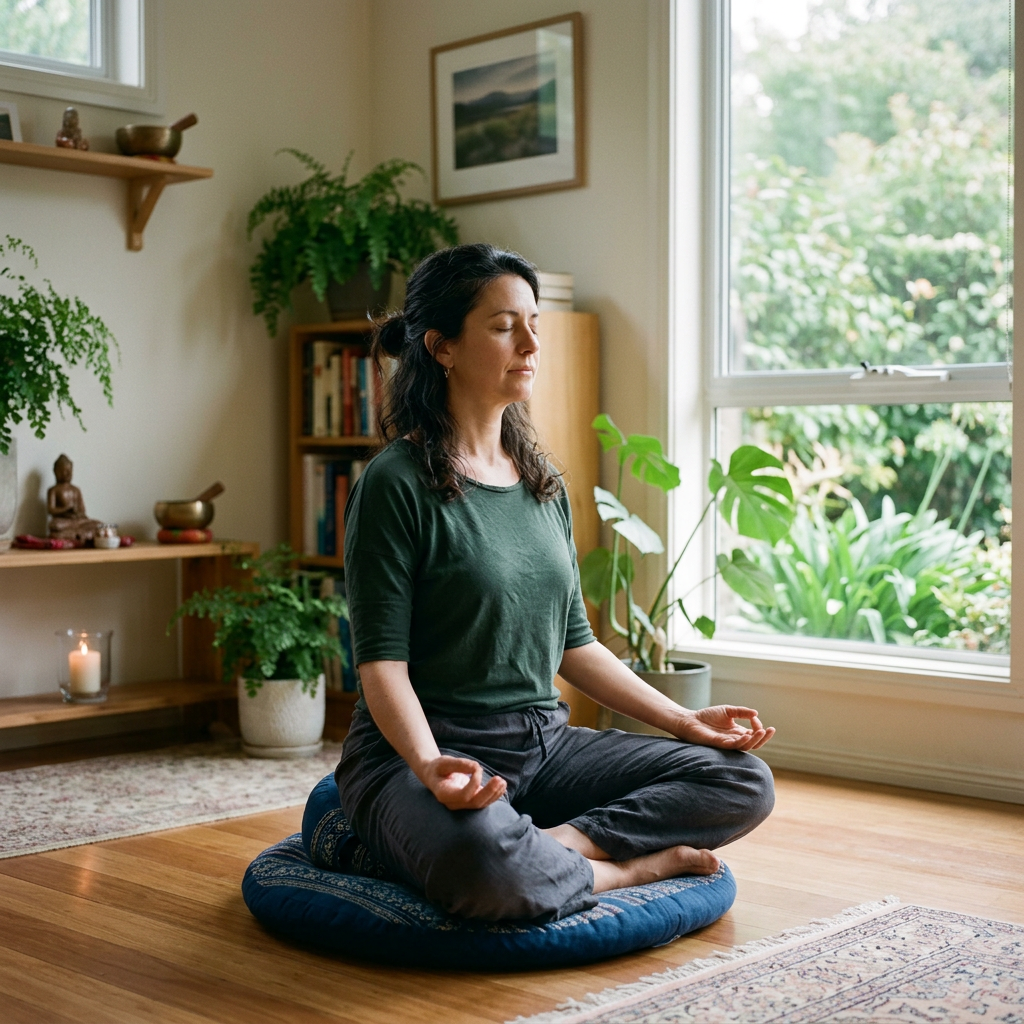 Woman sitting cross-legged on cushion meditating with eyes closed indoors
