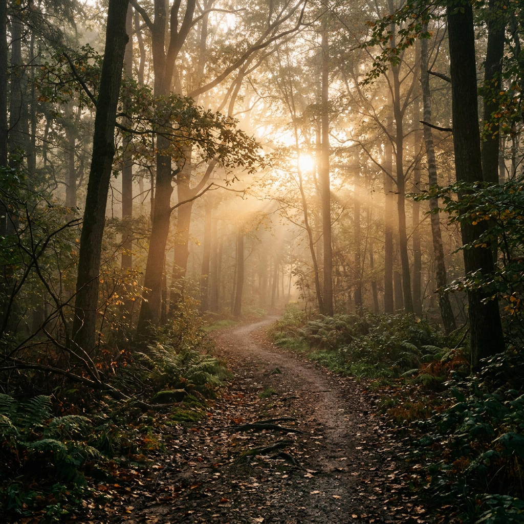 Dirt path winding through tall forest trees with sunlight streaming through