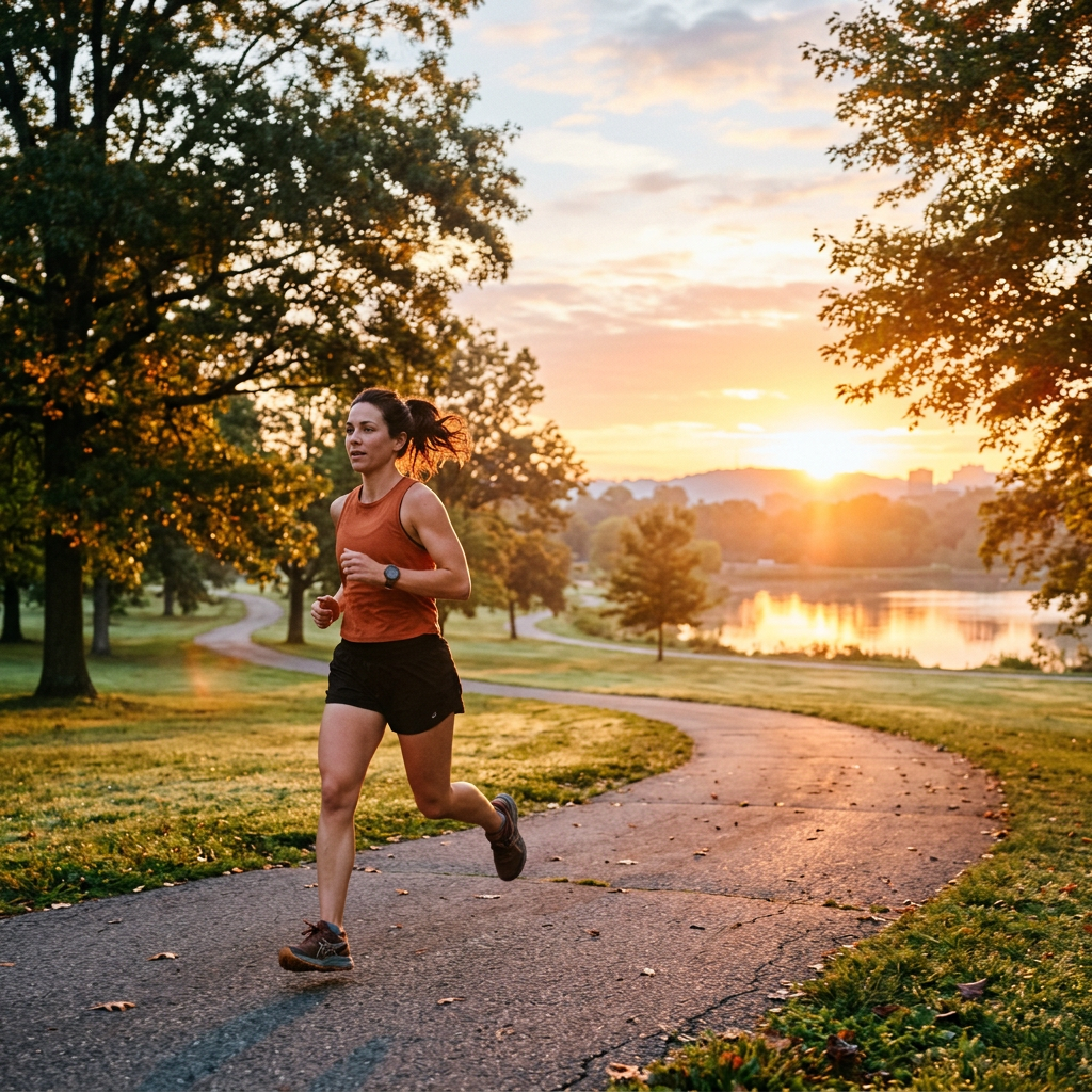 Woman running on winding park path near a lake during sunrise