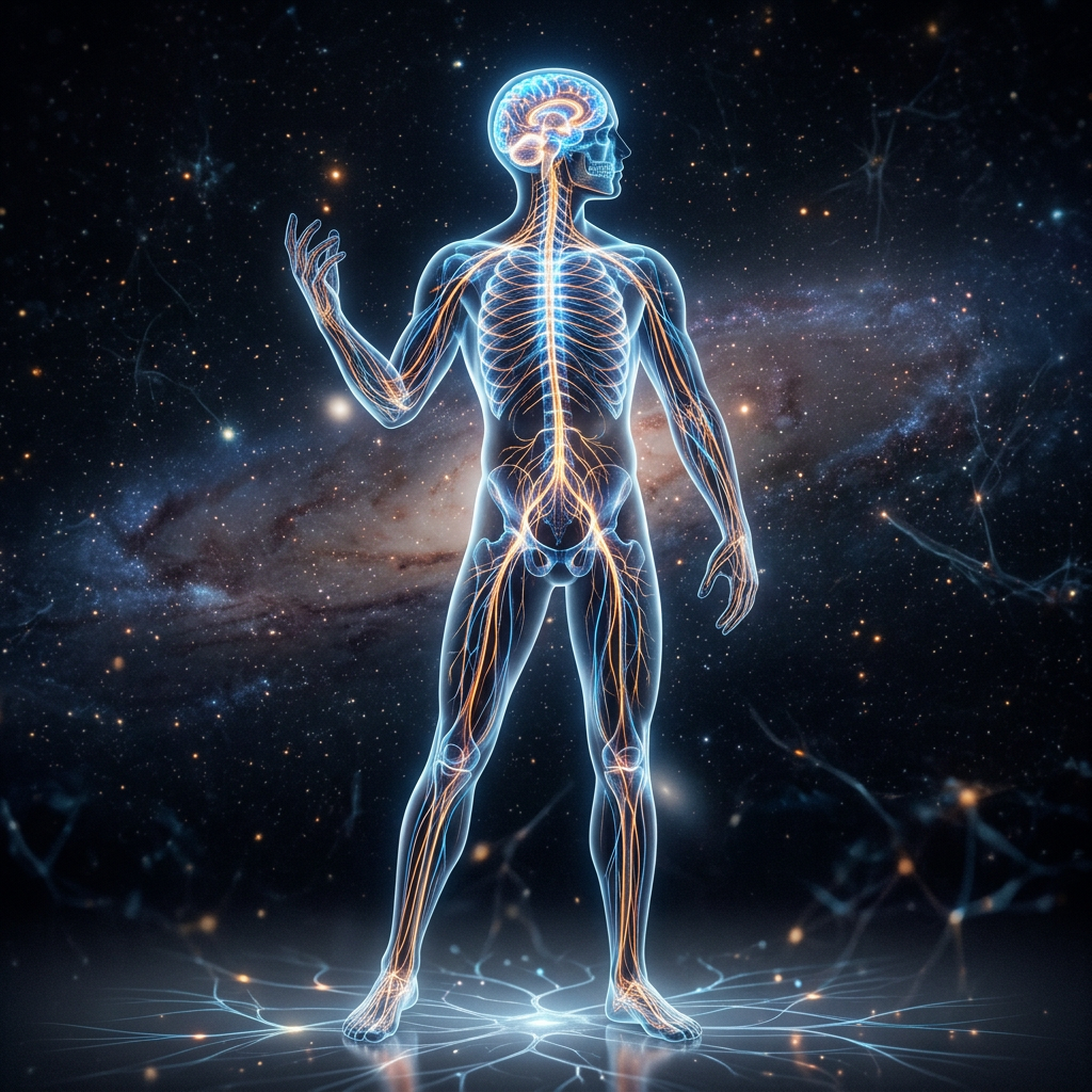 Human nervous system illustration with brain, spinal cord, and nerves