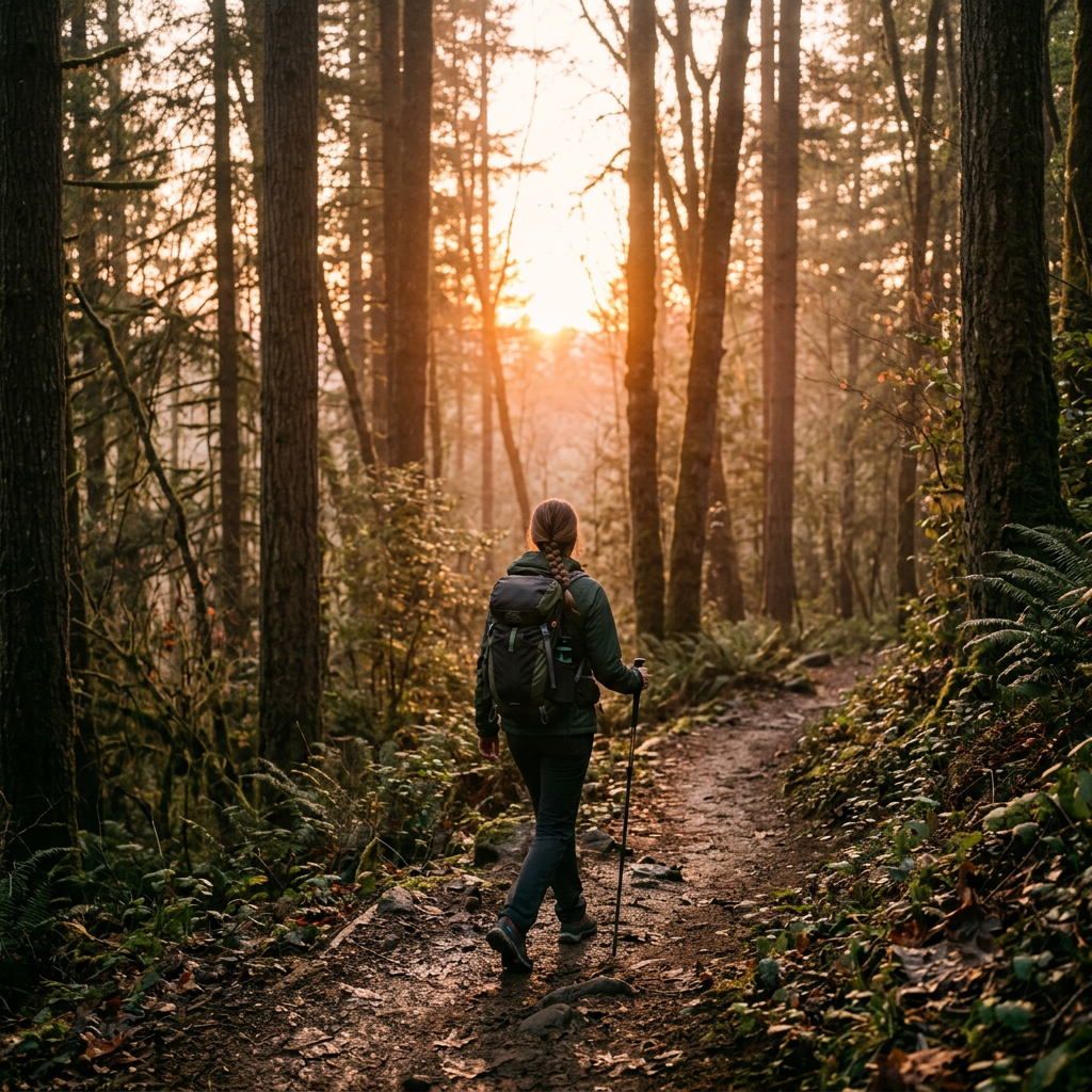 Person hiking with backpack and walking stick on forest trail at sunset
