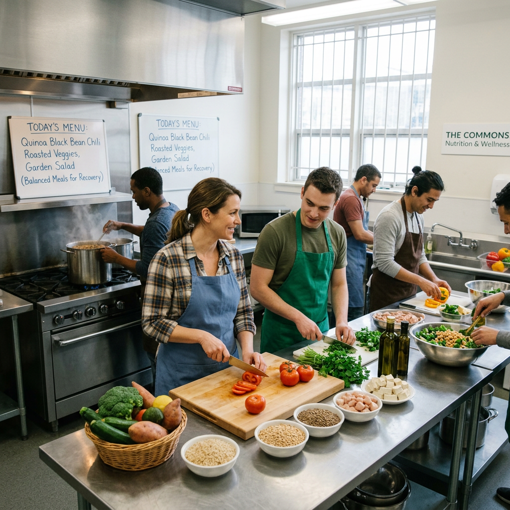 Group of volunteers chopping vegetables and cooking in a community kitchen