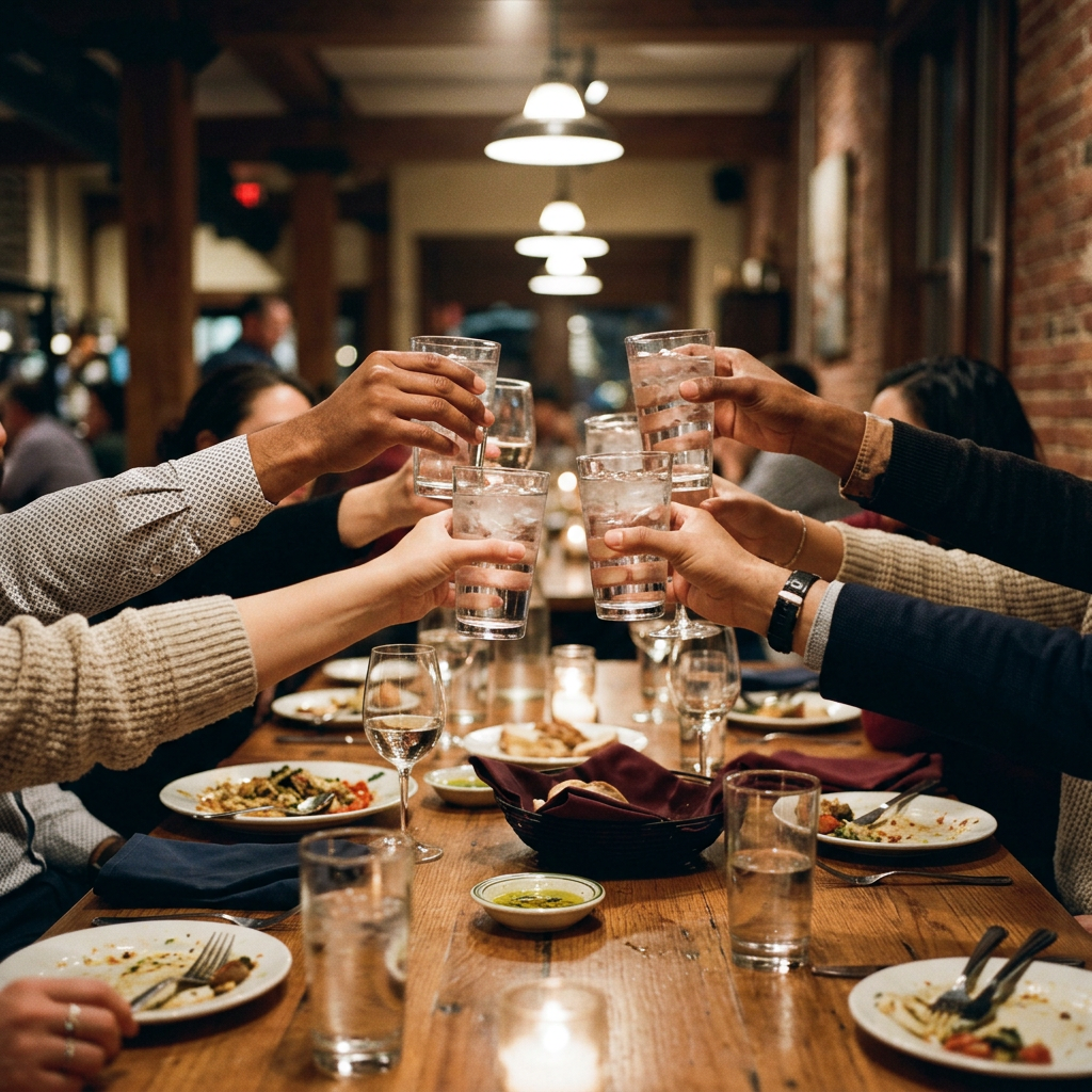 Several hands holding glasses of water for a toast over a restaurant table with plates and candles