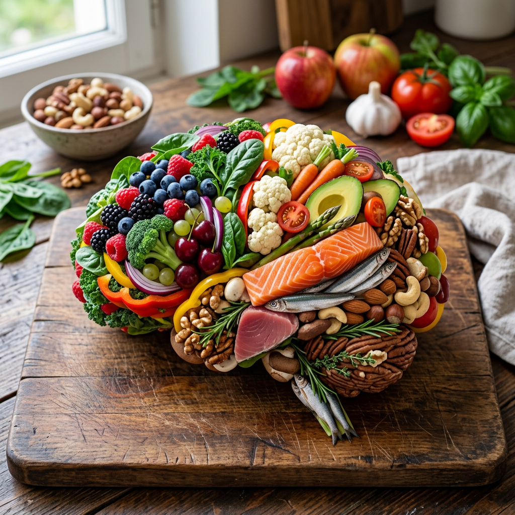 Brain-shaped display of fruits, vegetables, nuts, fish, and leafy greens on a wooden cutting board