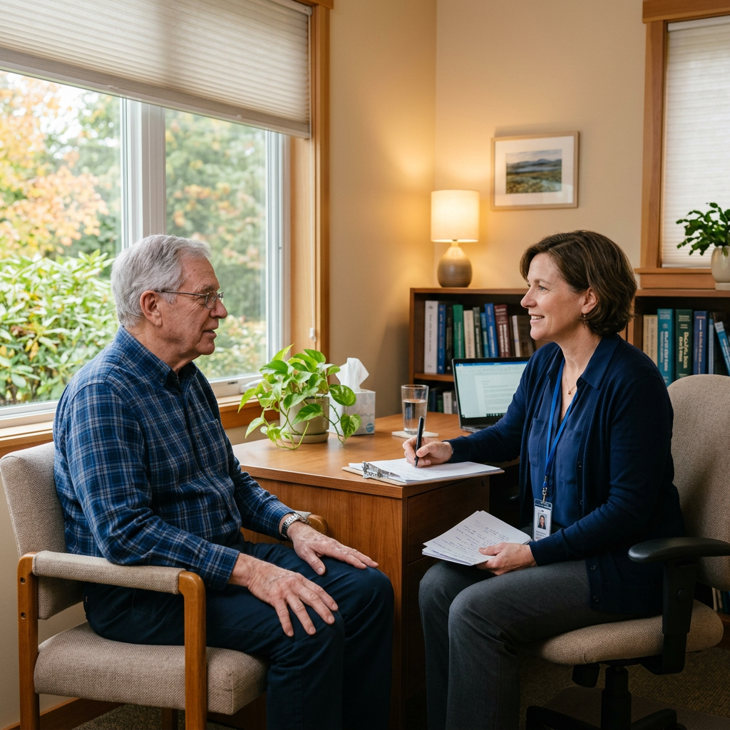 Therapist talking with senior male patient in an office setting Benefits of therapy in addiction treatment