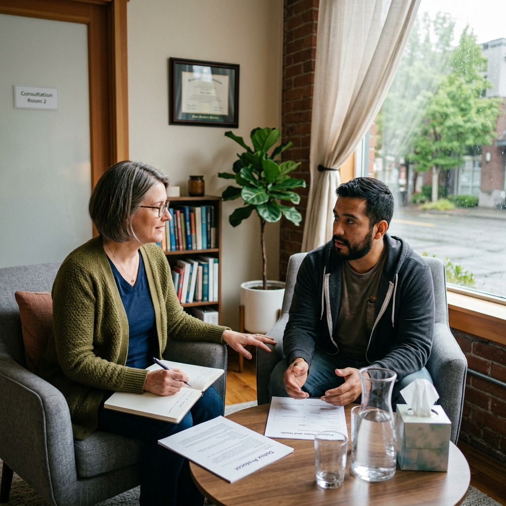 A counselor and client talking during a therapy session in an office
