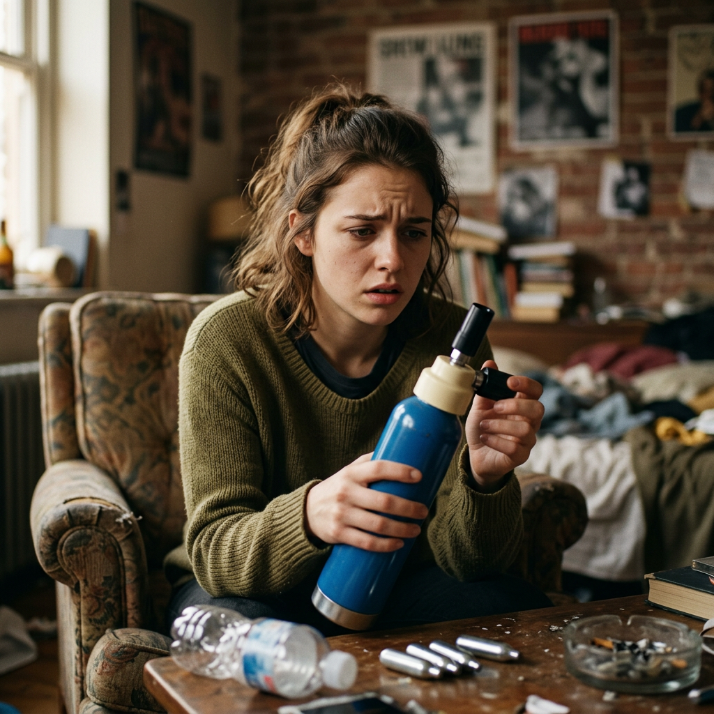 Young woman holding a blue nitrous oxide canister with worried expression. Understanding The signs of addiction