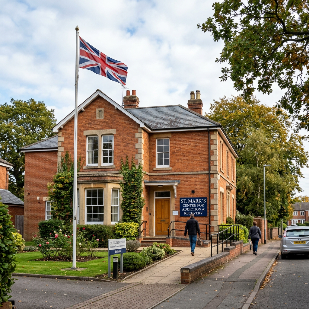 Two people walking towards St. Mark's Centre for Addiction & Recovery, a brick building with a Union Jack flag Getting funding for rehab