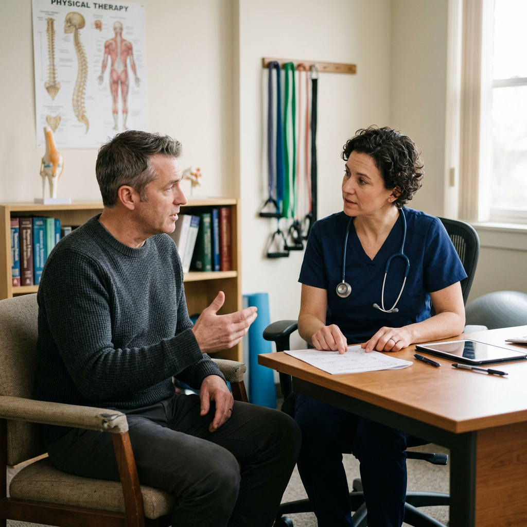 Healthcare professional in navy scrubs talking to male patient in medical office Help for Pregabalin addiction