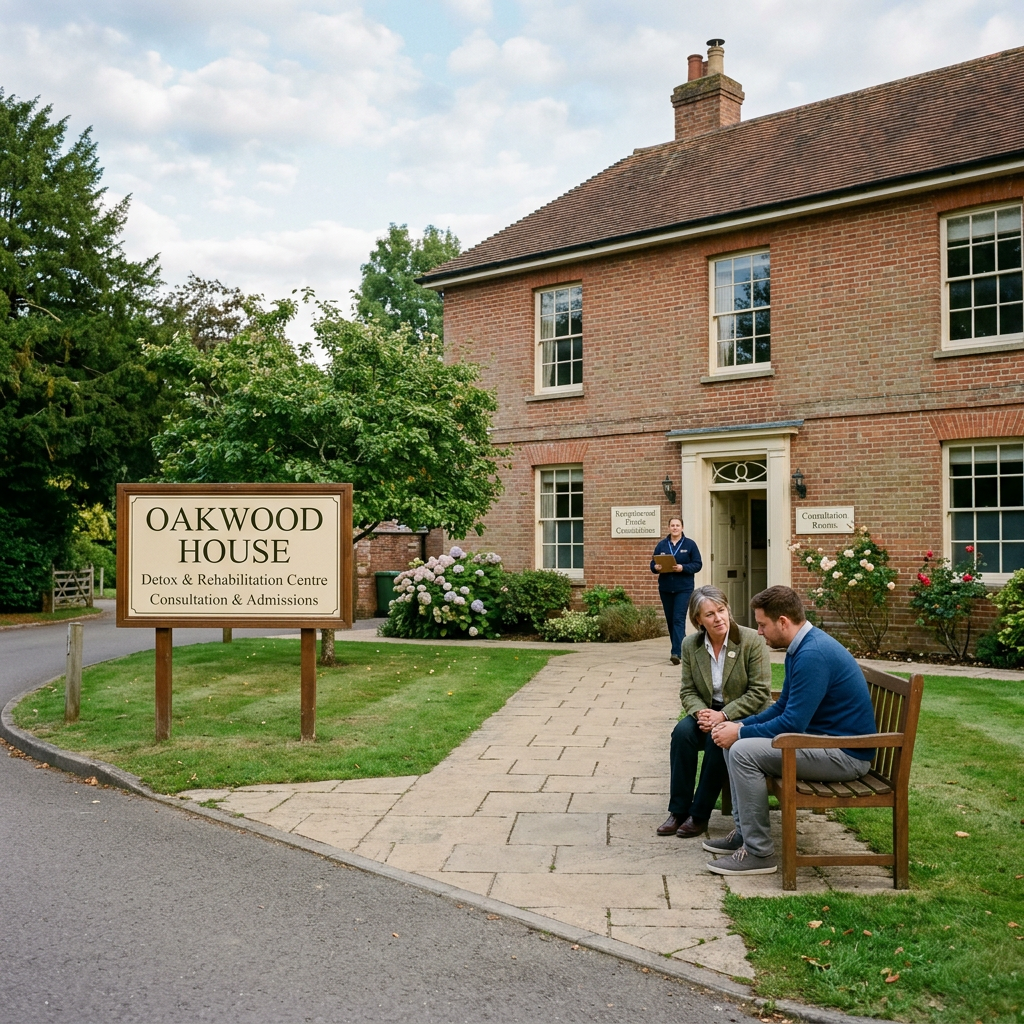 Counselor and patient talking on a bench outside Oakwood House detox and rehabilitation centre